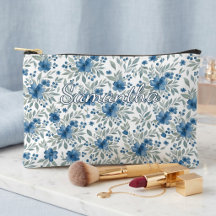Chic Blue And Sage Green Floral Art Toiletry Bag