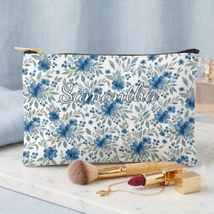 Chic Blue And Sage Green Floral Art Toiletry Bag
