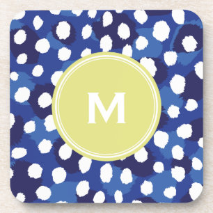 Chic blue and white cheetah print monogram coaster