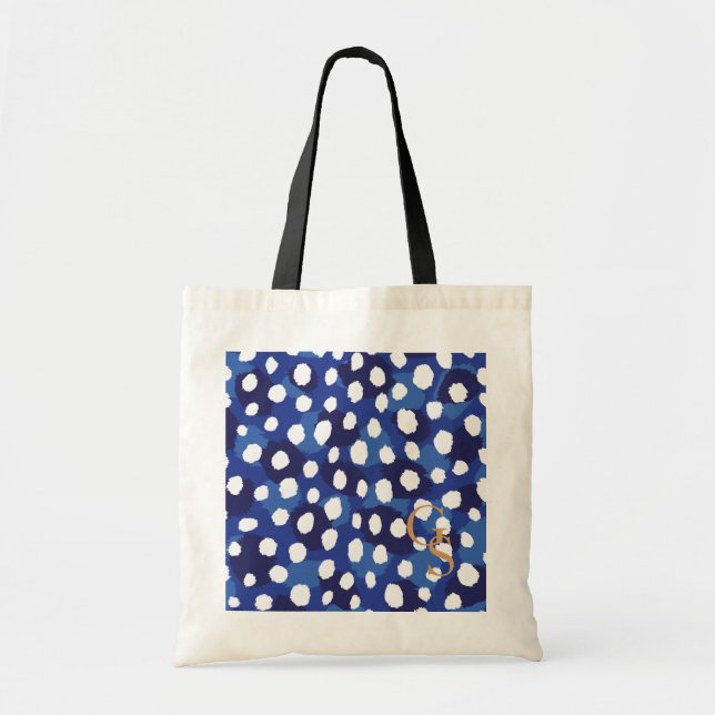Chic blue and white cheetah print monogram tote bag (Front)