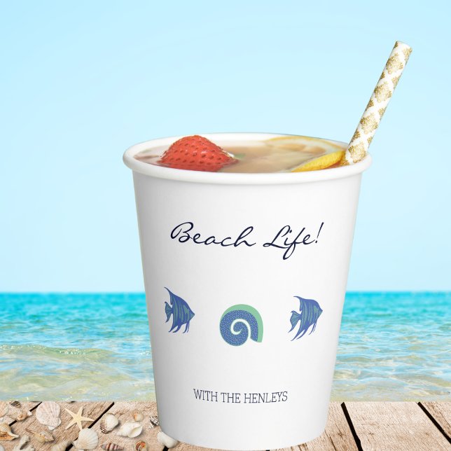Chic Blue and White Fish and Shells Beach House Paper Cups (Creator Uploaded)
