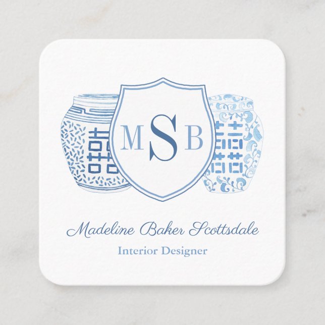 Chic Blue And White Ginger Jar Designer Calling Square Business Card (Front)