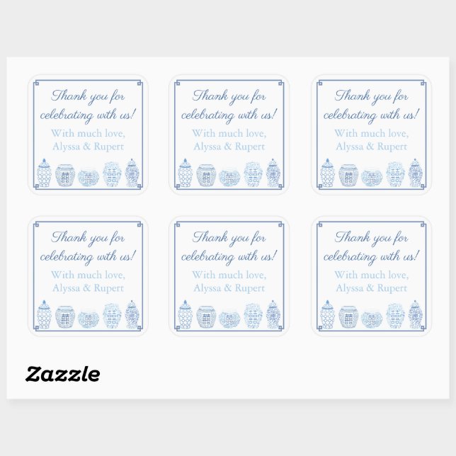 Chic Blue And White Ginger Jar Thank You Favour Square Sticker (Sheet)