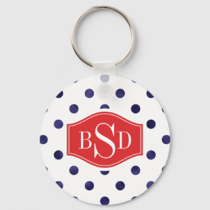 Chic blue and white polka dots patterns monogram key ring