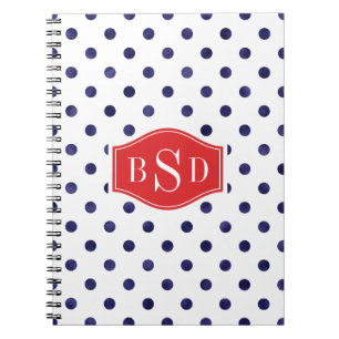Chic blue and white polka dots patterns monogram spiral notebook