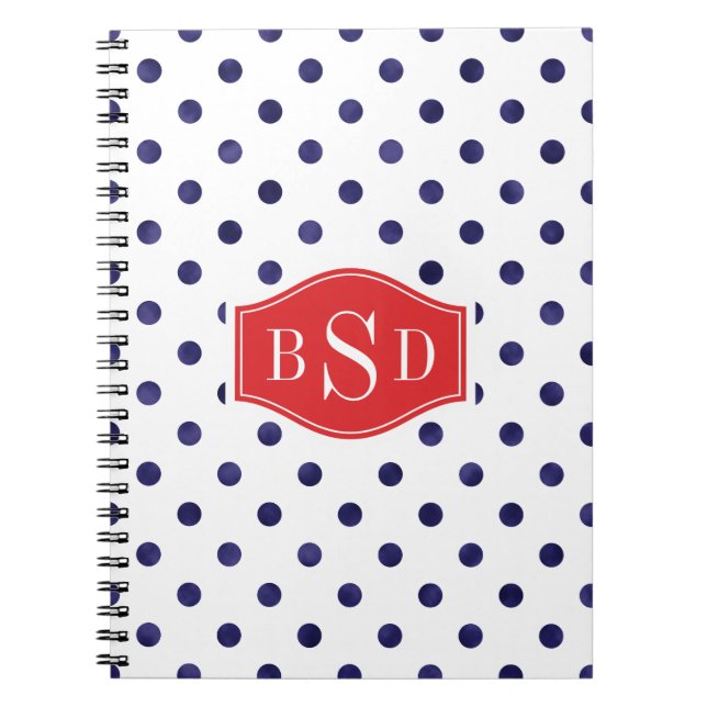 Chic blue and white polka dots patterns monogram spiral notebook (Front)