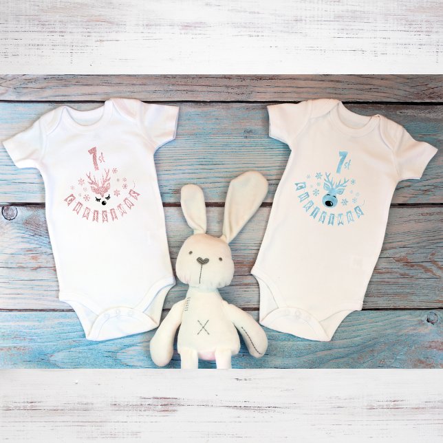 Chic Blue and White Reindeer First Christmas Baby Bodysuit (Creator Uploaded)