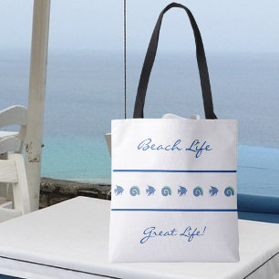 Chic Blue and White Stripes Shell Fish Beach Life Tote Bag