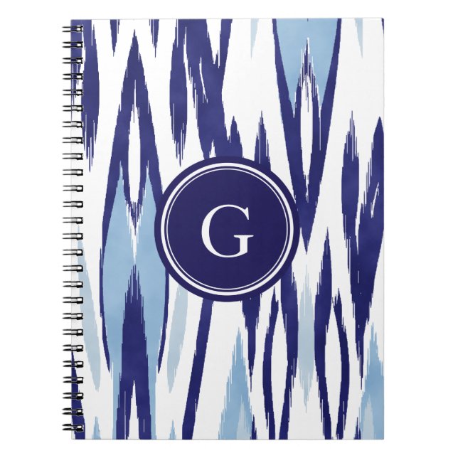 Chic blue and white watercolor ikat pattern spiral notebook (Front)