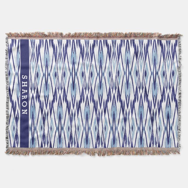 Chic blue and white watercolor ikat pattern throw blanket (Front)