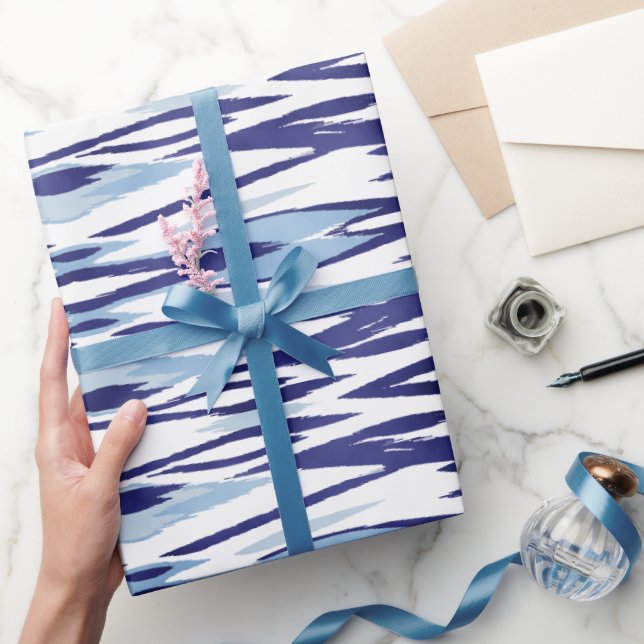 Chic blue and white watercolor ikat pattern wrapping paper (Gifting)