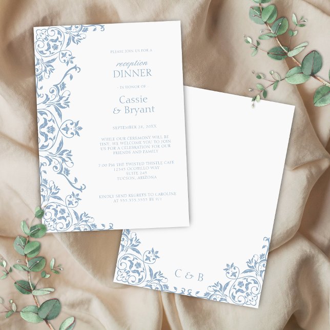 Chic Blue and White Wedding Reception Dinner Invitation (elegant blue and white formal reception dinner invitation with floral border for regency era theme)
