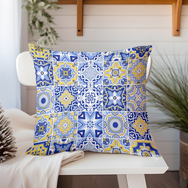 Chic Blue and Yellow Mediterranean Pattern Outdoor Cushion (Creator Uploaded)