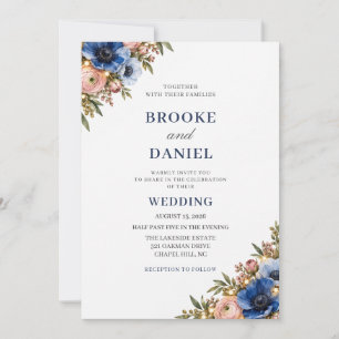 Chic Blue Anemone Pink Ranunculus Lights Wedding Invitation