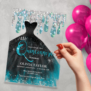 Chic blue aqua crystal drips Quinceanera Acrylic Invitations