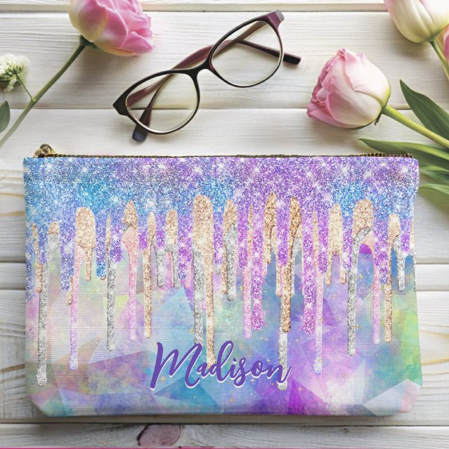 Chic blue aqua unicorn dripping glitter monogram accessory pouch (Creator Uploaded)