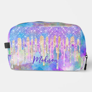 Chic blue aqua unicorn dripping glitter monogram dopp kit