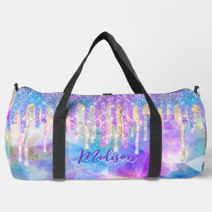 Chic blue aqua unicorn dripping glitter monogram  duffle bag