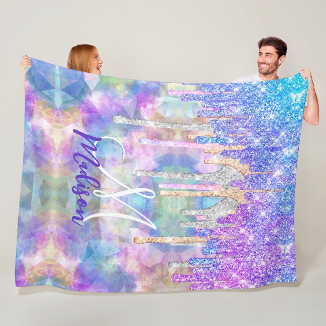 Chic blue aqua unicorn dripping glitter monogram fleece blanket (In Situ)