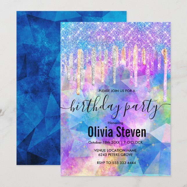 Chic blue aqua unicorn dripping glitter monogram invitation (Front/Back)