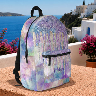 Chic blue aqua unicorn dripping glitter monogram  printed backpack