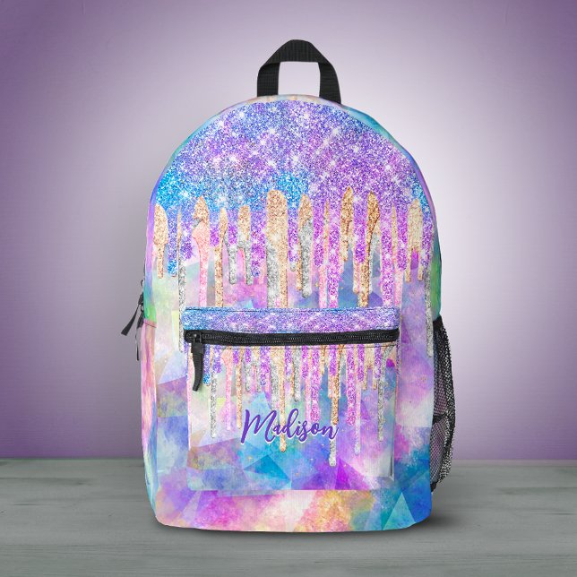 Chic blue aqua unicorn dripping glitter monogram  printed backpack (Creator Uploaded)