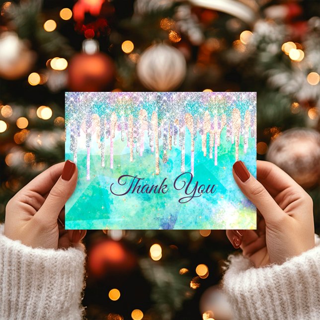 Chic blue aqua unicorn drips glitter thank you card (Creator Uploaded)