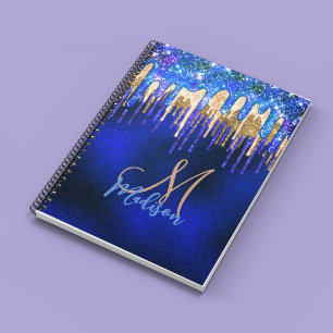 Chic blue aqua unicorn gold glitter drips monogram notebook
