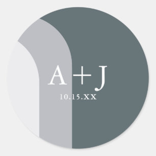 Chic Blue Arches Monogram and Date Wedding Classic Round Sticker