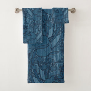 Chic Blue Art Nouveau Iris Botanical Pattern Bath Towel Set
