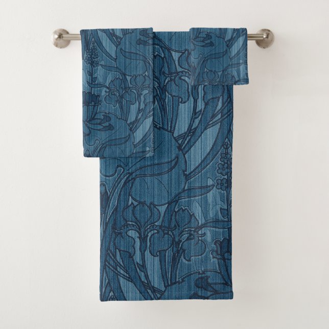 Chic Blue Art Nouveau Iris Botanical Pattern Bath Towel Set (Insitu)