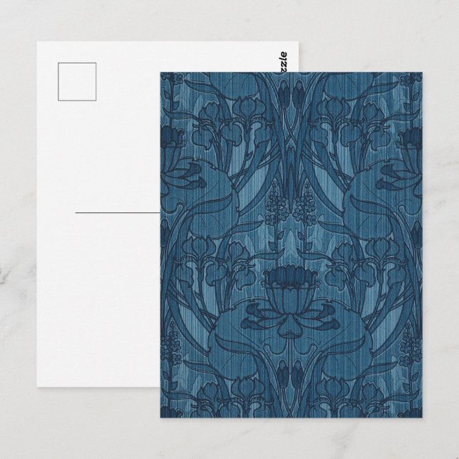Chic Blue Art Nouveau Iris Botanical Pattern Postcard (Front/Back)