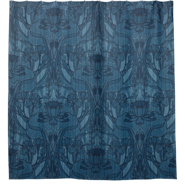 Chic Blue Art Nouveau Iris Botanical Pattern Shower Curtain (Front)