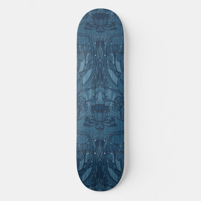 Chic Blue Art Nouveau Iris Botanical Pattern Skateboard (Front)