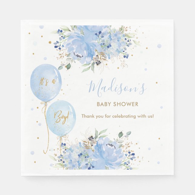 Chic Blue Balloons Blue Floral Boy Baby Shower Napkin (Front)