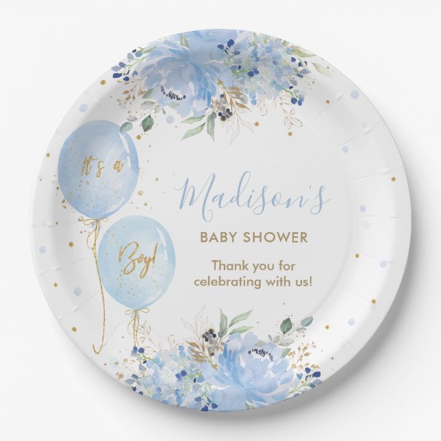 Chic Blue Balloons Blue Floral Boy Baby Shower Paper Plate (Front)