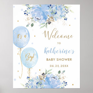 Chic Blue Balloons Floral Boy Baby Shower Welcome Poster