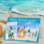 Chic Blue Beach Photo Collage Family Christmas Holiday Card<br><div class="desc">Chic blue customisable beach family photo collage Christmas card with your favourite tropical photos in the sun. Add 3 of your favourite vertical photograph memories from your island vacation to the coast. Beautiful coastal horizontal holiday folded cards with a clean,  modern photograph layout and pretty white script.</div>