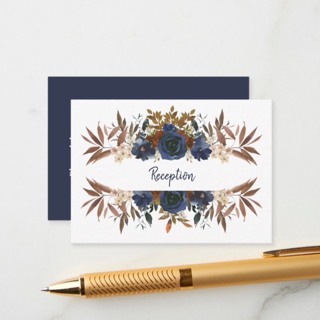 Chic Blue Beige Botanical Wedding Enclosure Card (Front/Back In Situ)