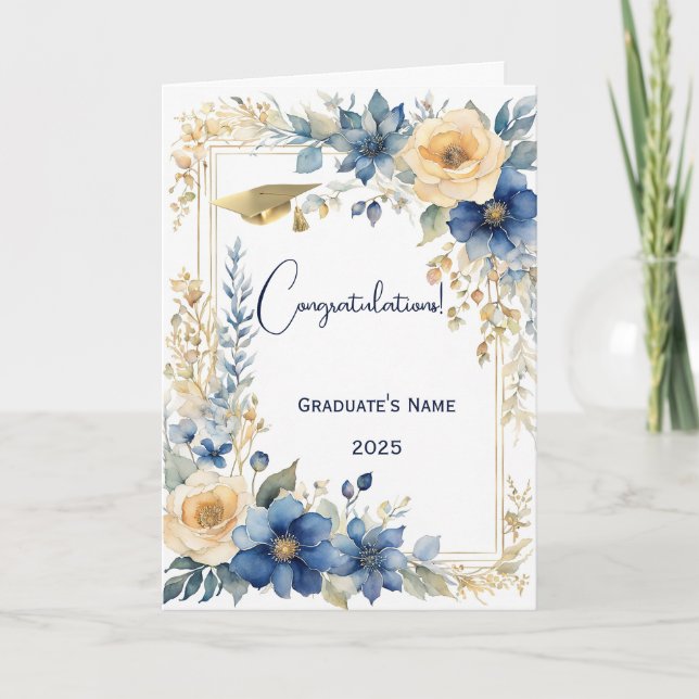Chic Blue Beige Flower Personalised Graduation Card (Front)