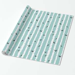 Chic Blue Birch Trees and Birds Pretty Wrapping Paper
