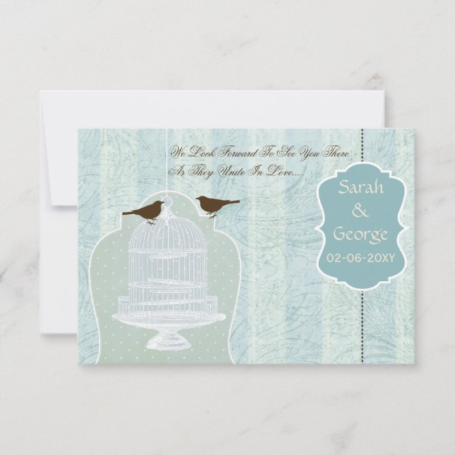 Chic blue bird cage, love birds RSVP 3.5 x 5 (Front)