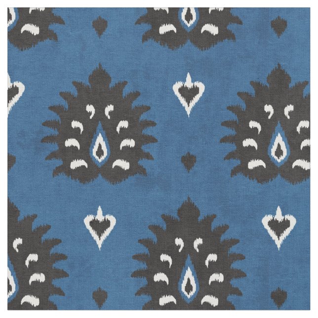 Chic blue black and white damask ikat pattern fabric (Close Up)