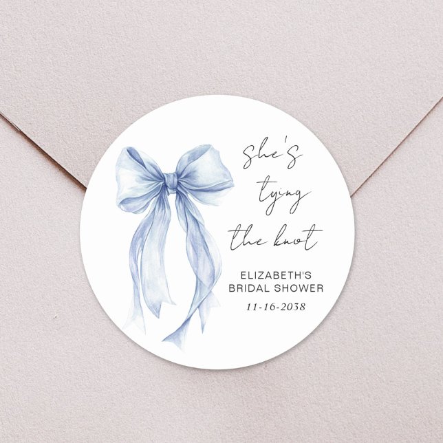 Chic Blue Bow Watercolor Bridal Shower Classic Round Sticker (Creator Uploaded)