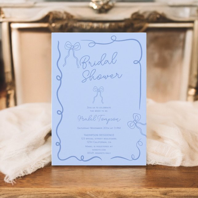 Chic blue bows ribbons illustrations Bridal shower Invitation (Chic blue bows ribbons illustrations Bridal shower Invitation)