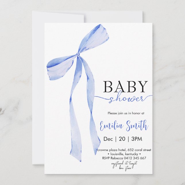 Chic Blue Boy Coquette Bow Baby shower Invitation (Front)