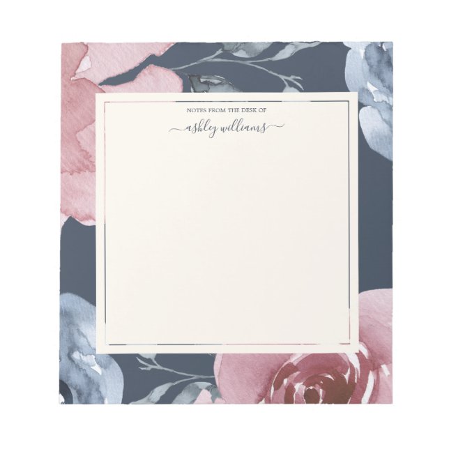 Chic Blue Burgundy Rose Dark Blue Personalised Notepad (Front)