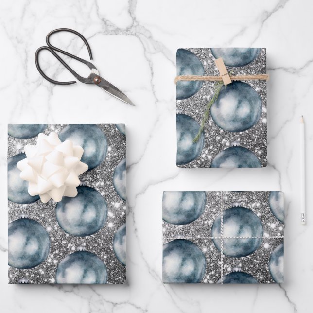 Chic Blue Christmas Balls Silver Sprakles Wrapping Paper Sheet (Front)