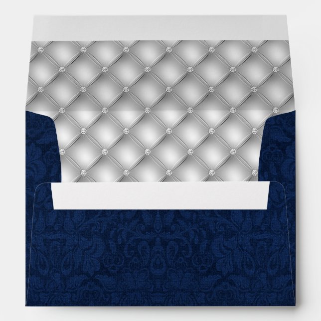 Chic Blue Damask and Silver Tufted Lining Envelope (Back (Bottom))