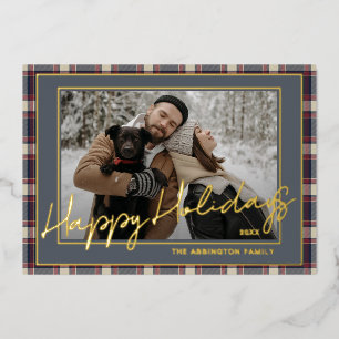 Chic Blue Dark Red Plaid Gold Foil Family Photo